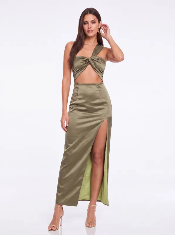 Fulla One Shoulder Cutout Satin Split Dress made by Mew Mews