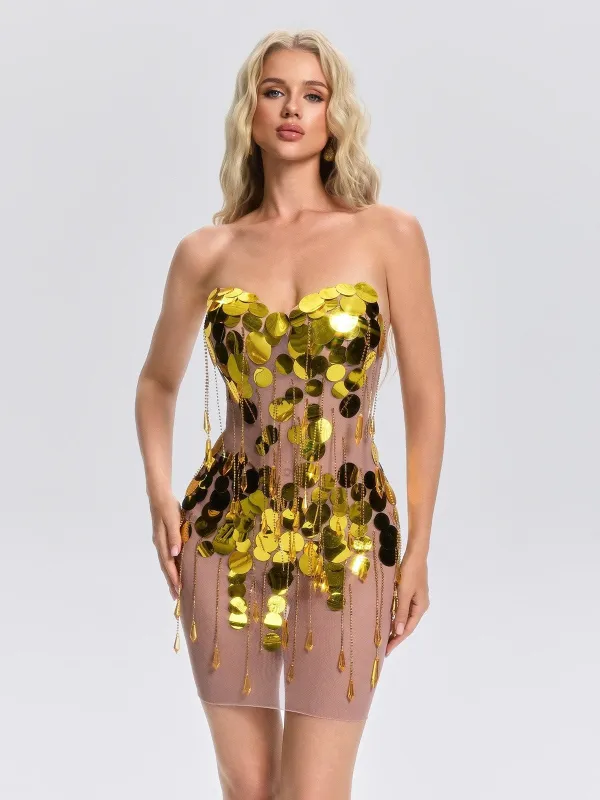 Fidella Strapless Sequin Mesh Dress made by Mew Mews