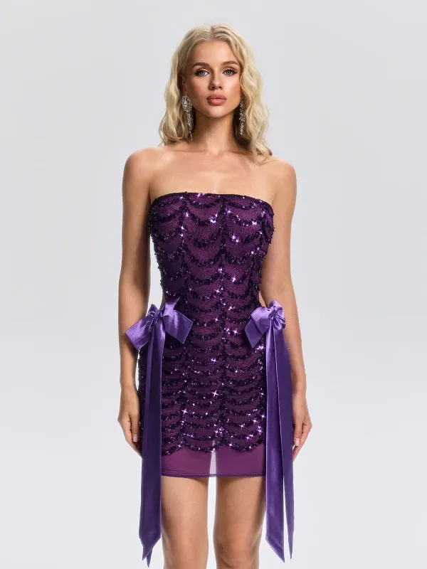Felda Strapless Sequin Bow Mini Dress made by Mew Mews