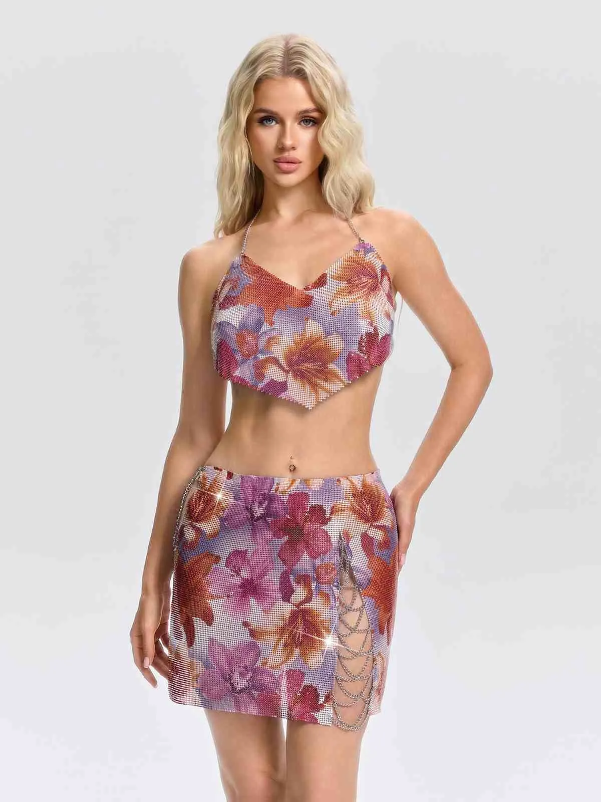 Uveria V Neck Chainmail Floral Skirt Set sold by Mew Mews