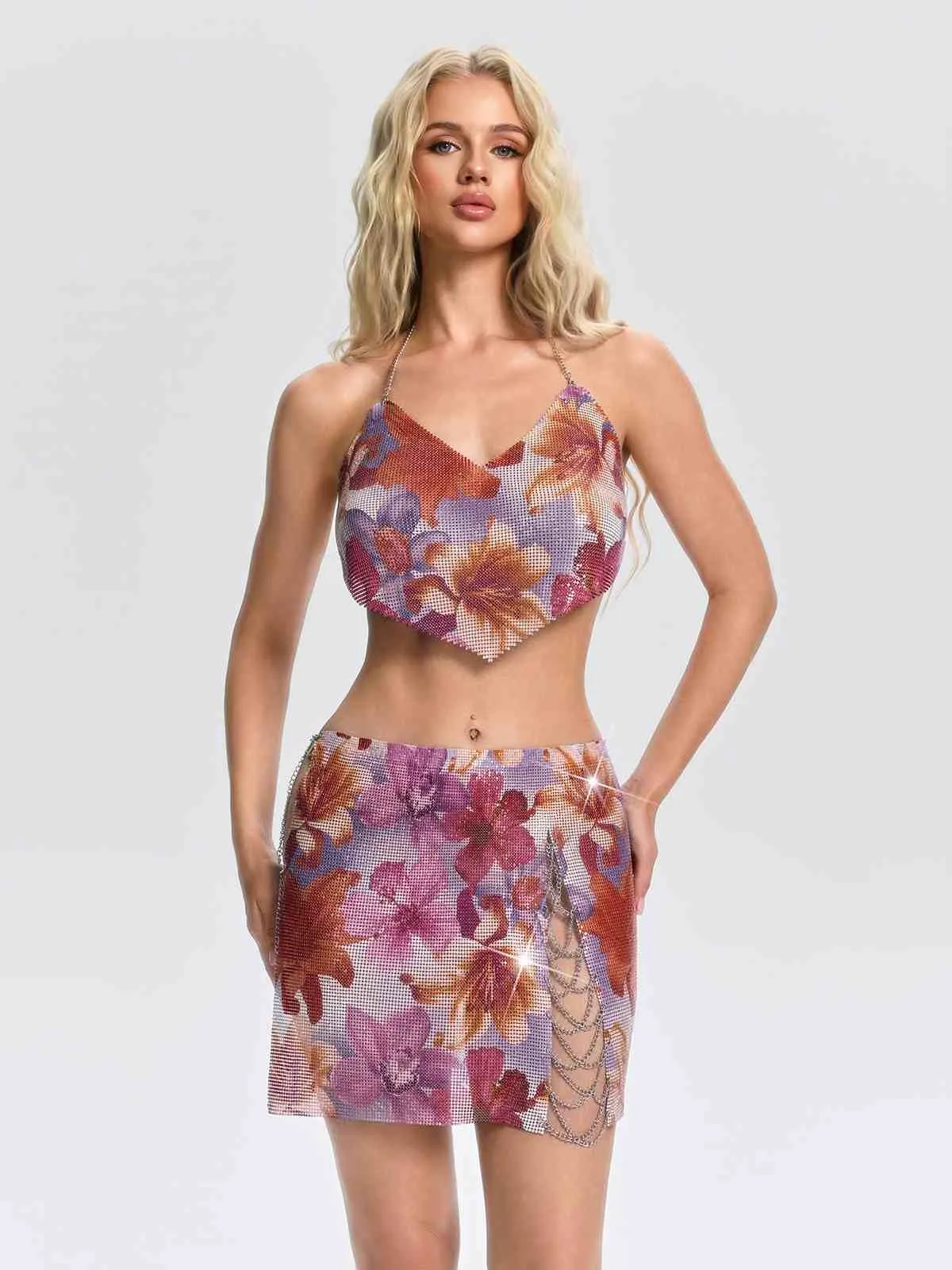 Uveria V Neck Chainmail Floral Skirt Set sold by Mew Mews product image thumbnail 5