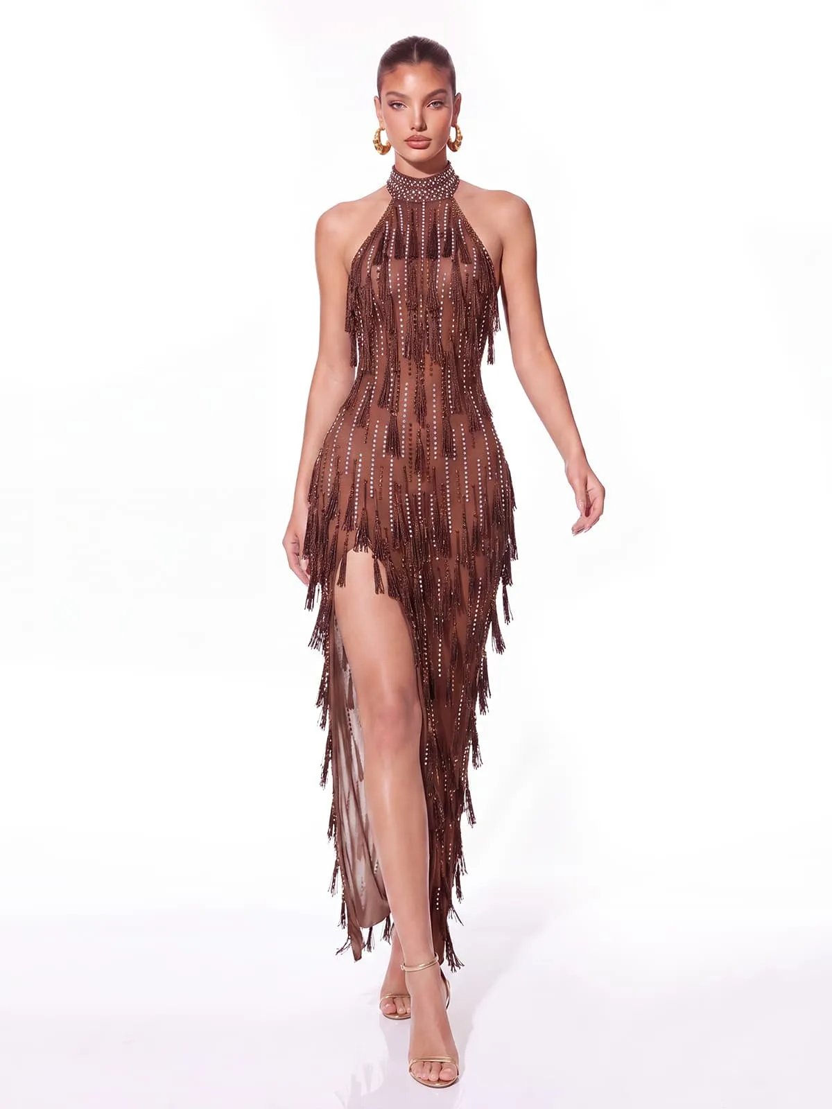 Lavenix Halterneck Rhinestone Fringe Dress sold by Mew Mews