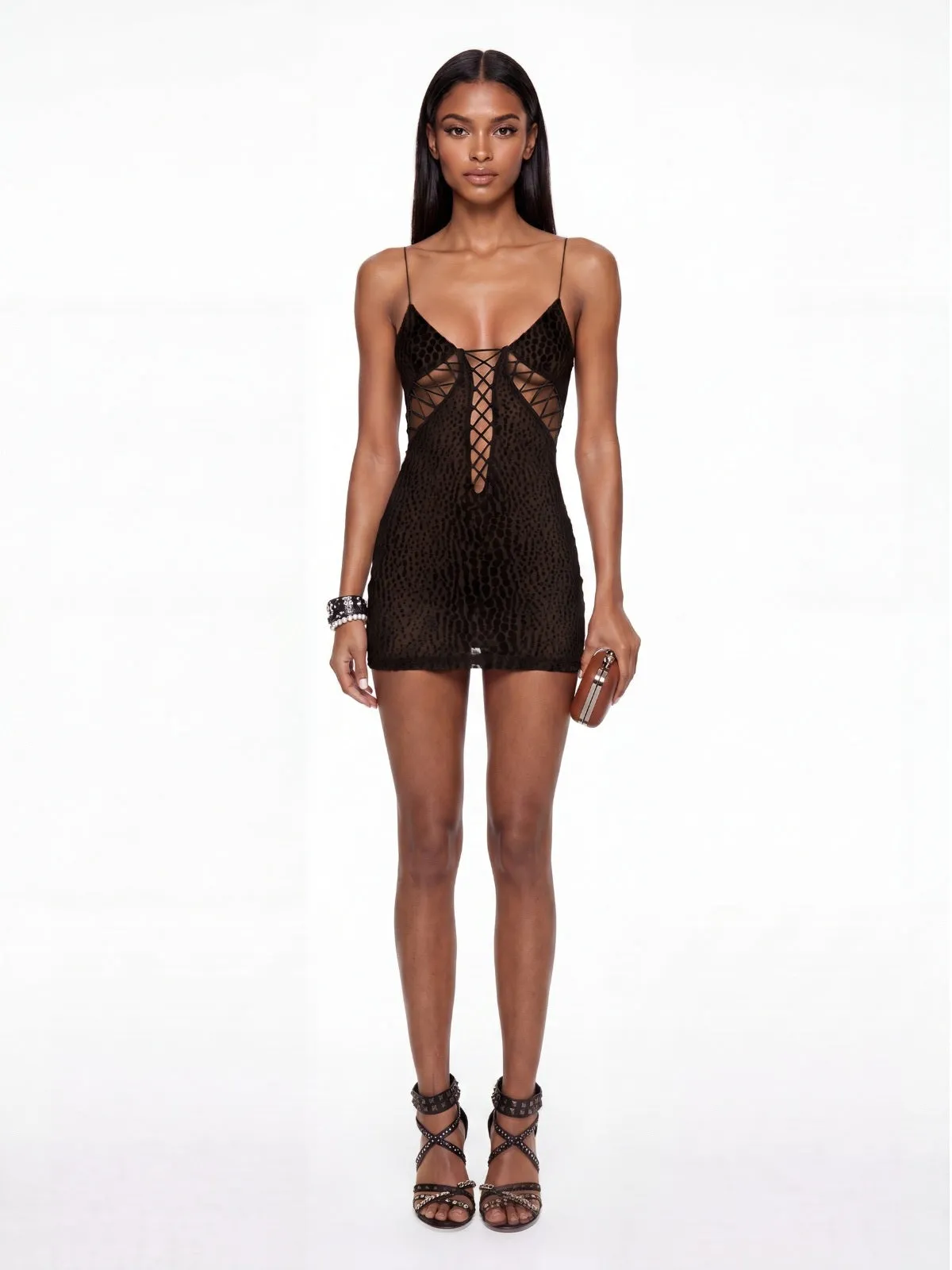 Exvira Backless Lace Up Leopard Mini Dress In Black sold by Mew Mews