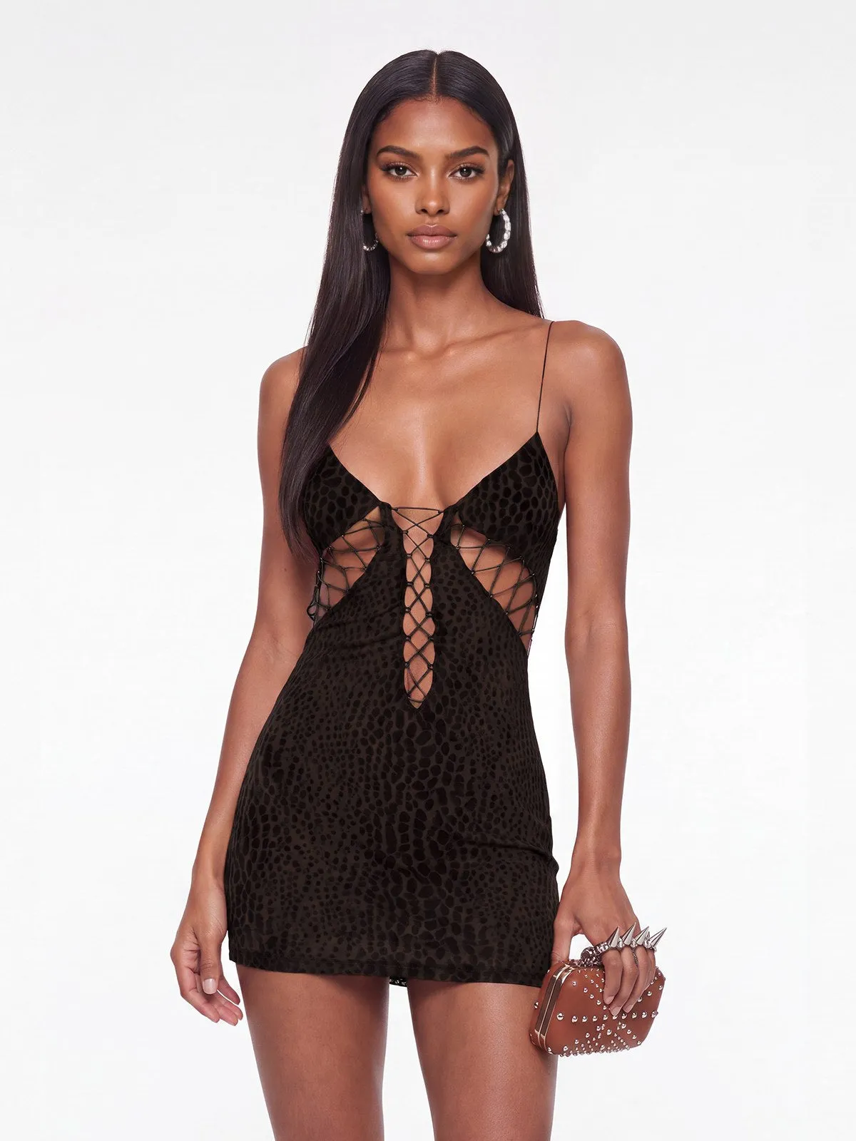Exvira Backless Lace Up Leopard Mini Dress In Black sold by Mew Mews product image thumbnail 2