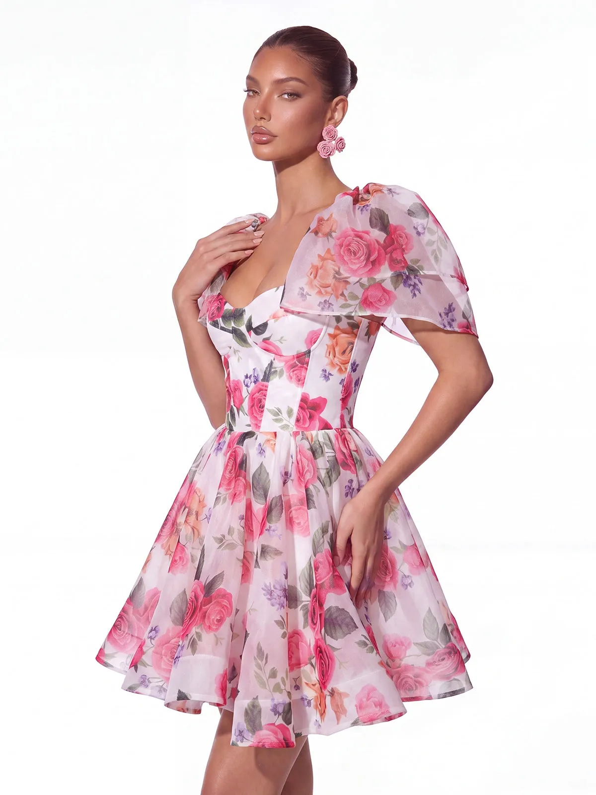 Fern Cape Sleeve Floral Organza Mini Dress sold by Mew Mews product image thumbnail 3