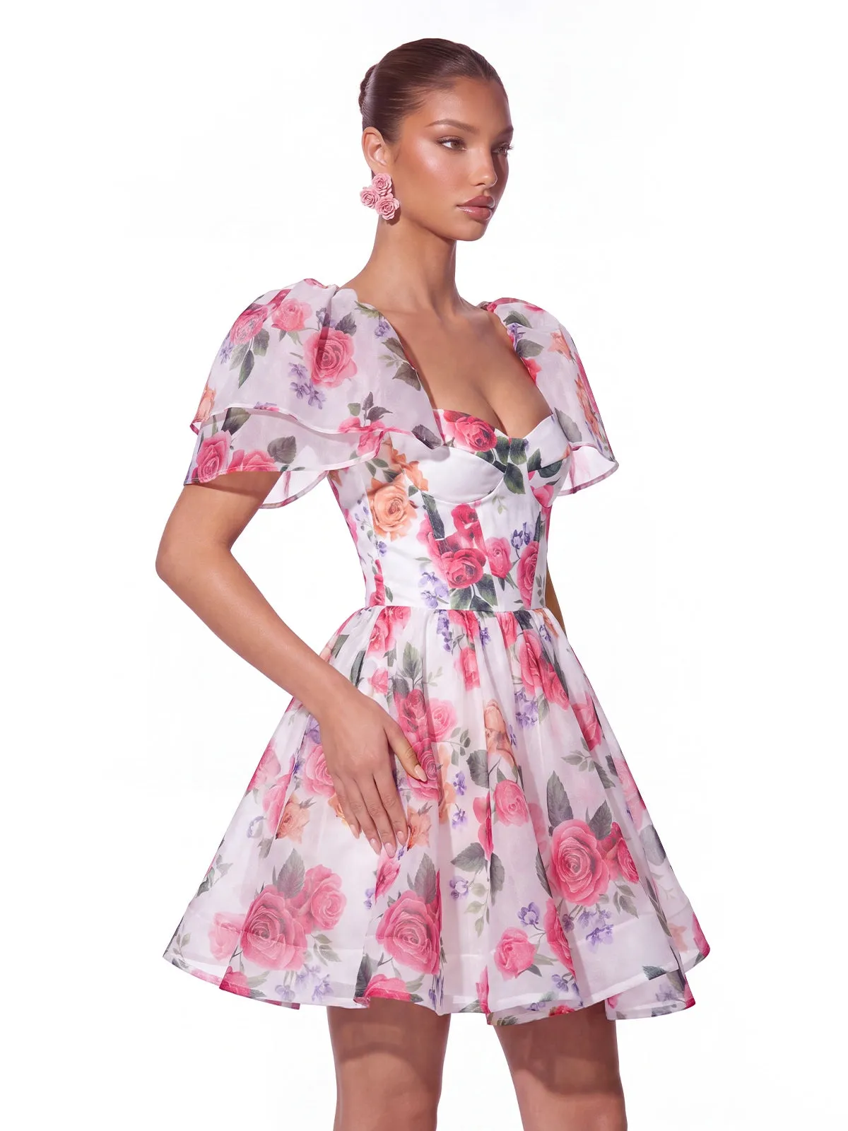 Fern Cape Sleeve Floral Organza Mini Dress sold by Mew Mews product image thumbnail 2