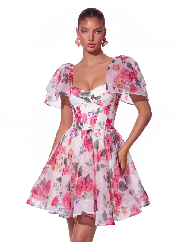 Fern Cape Sleeve Floral Organza Mini Dress made by Mew Mews