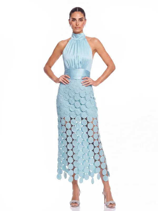 Halle Sleeveless Satin Midi Dress made by Mew Mews