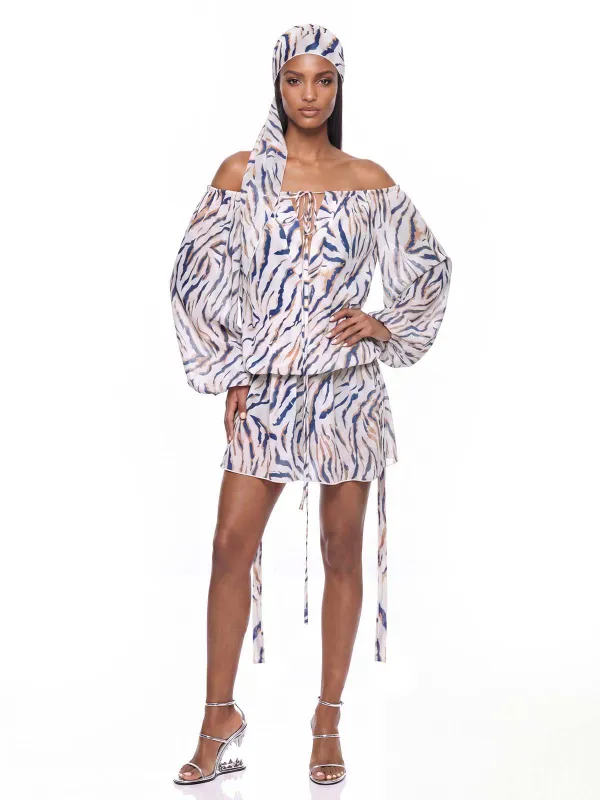 Blyvora Off Shoulder Zebra Mini Dress made by Mew Mews