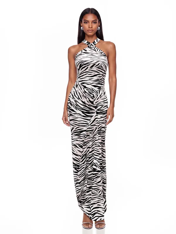 Coral Halterneck Zebra Maxi Dress made by Mew Mews