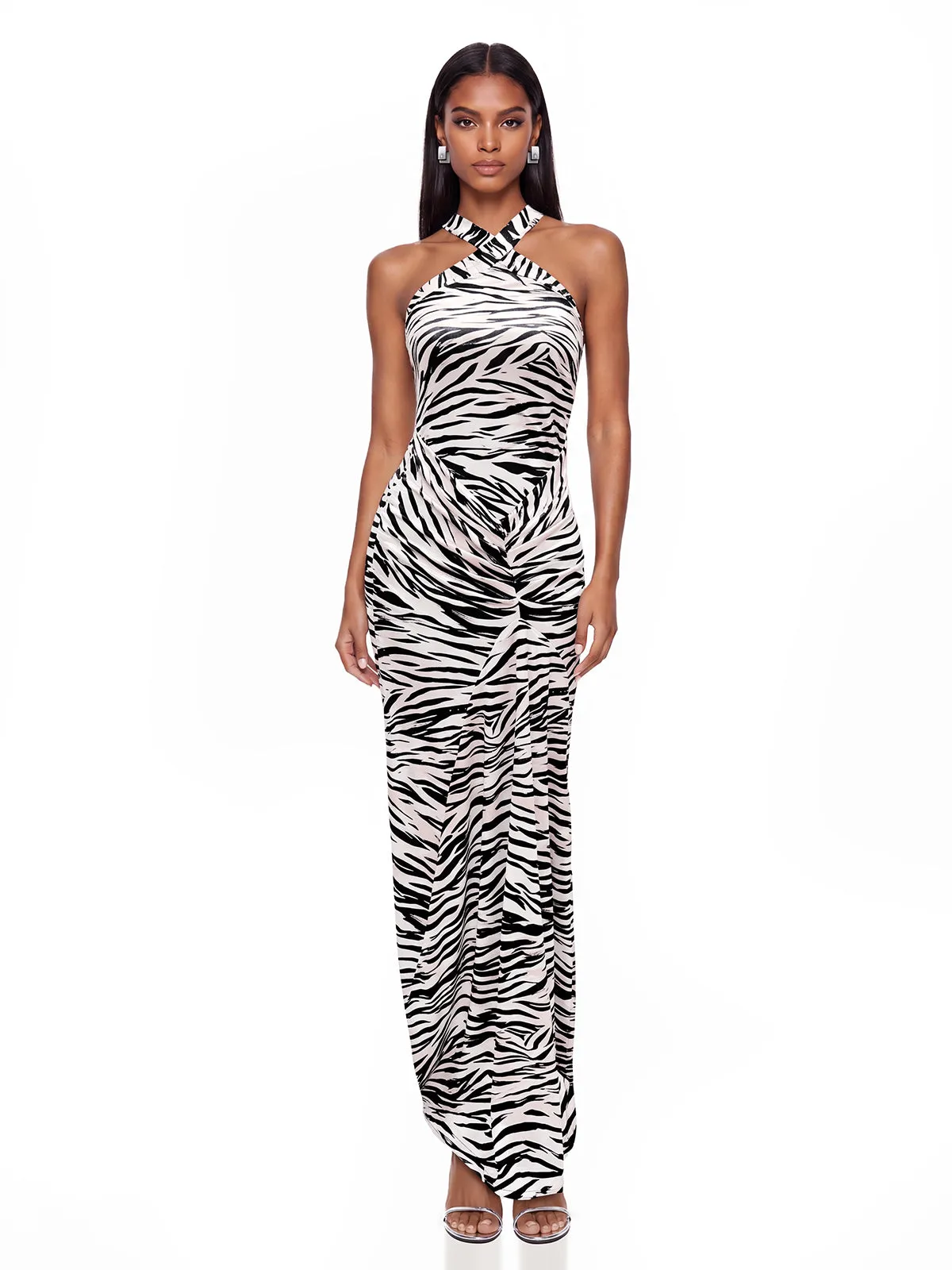 Coral Halterneck Zebra Maxi Dress sold by Mew Mews