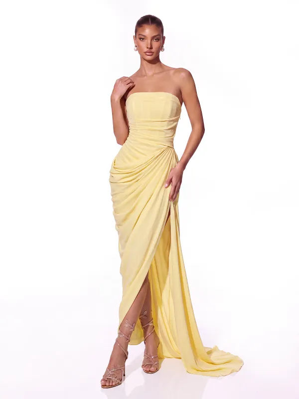 Irina Strapless Split Maxi Dress made by Mew Mews