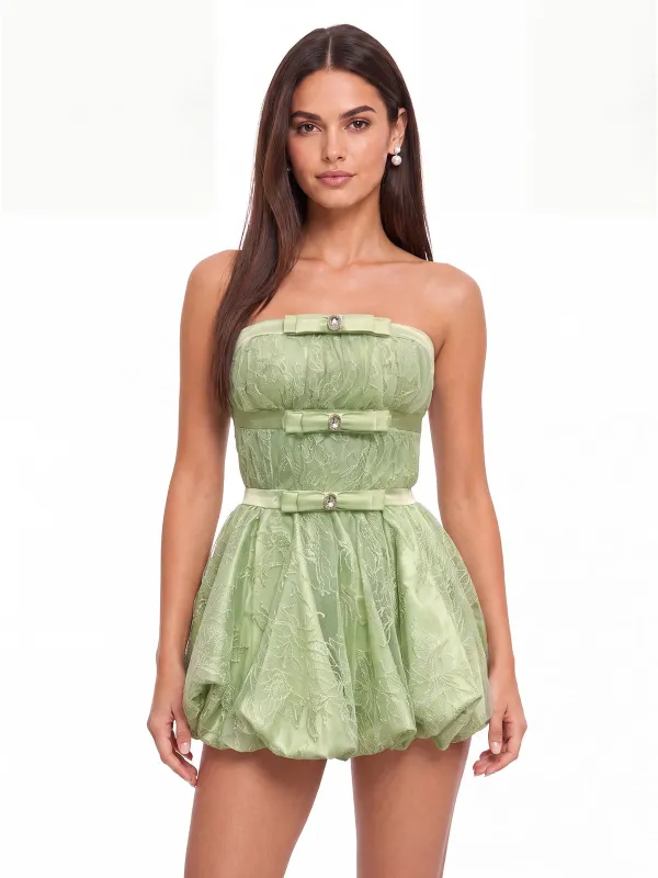 Kara Strapless Bow Lace Mini Dress made by Mew Mews