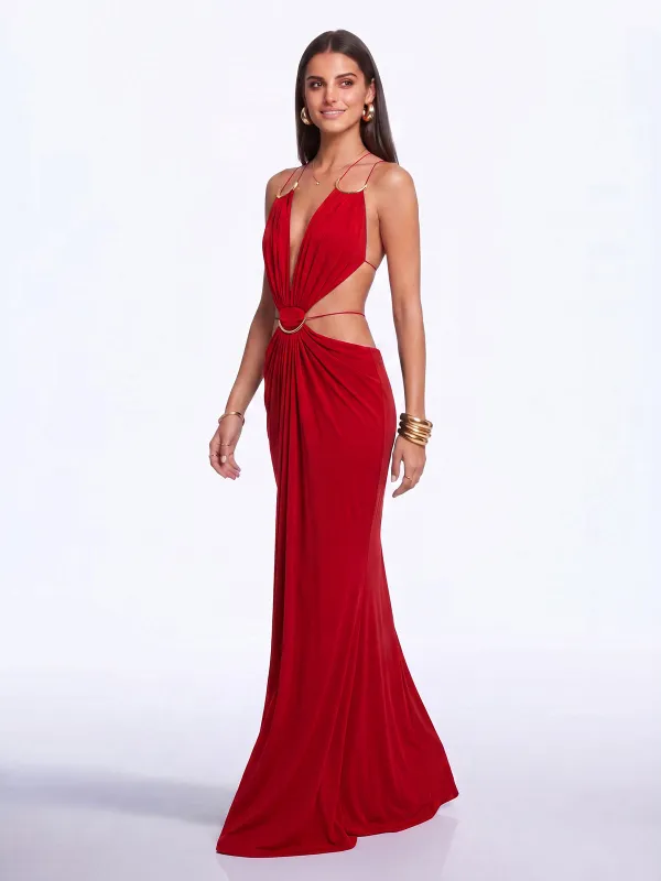 Lorysa Backless Cutout Maxi Dress In Red made by Mew Mews