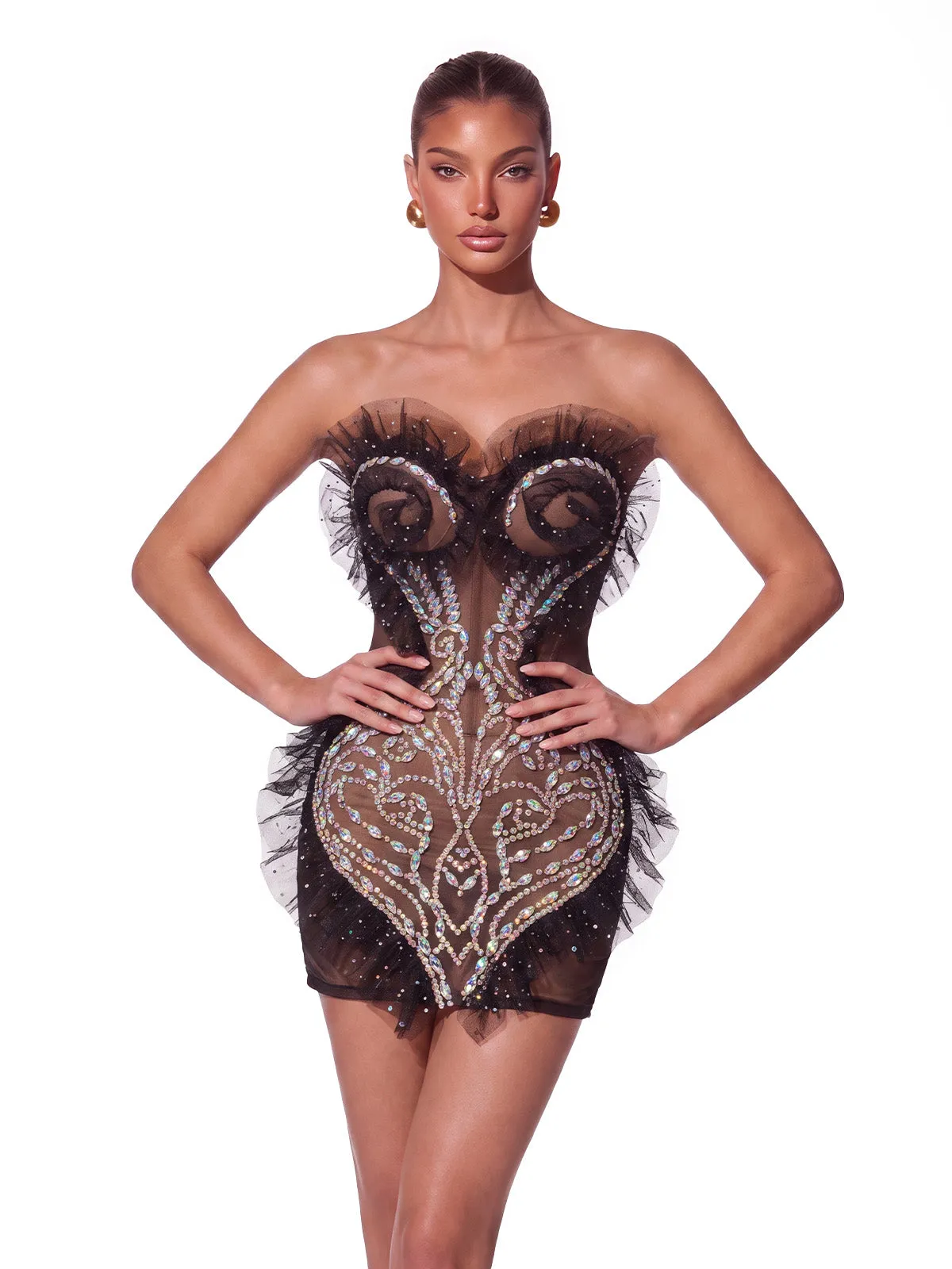 Xendril Strapless Crystal Mesh Mini Dress sold by Mew Mews