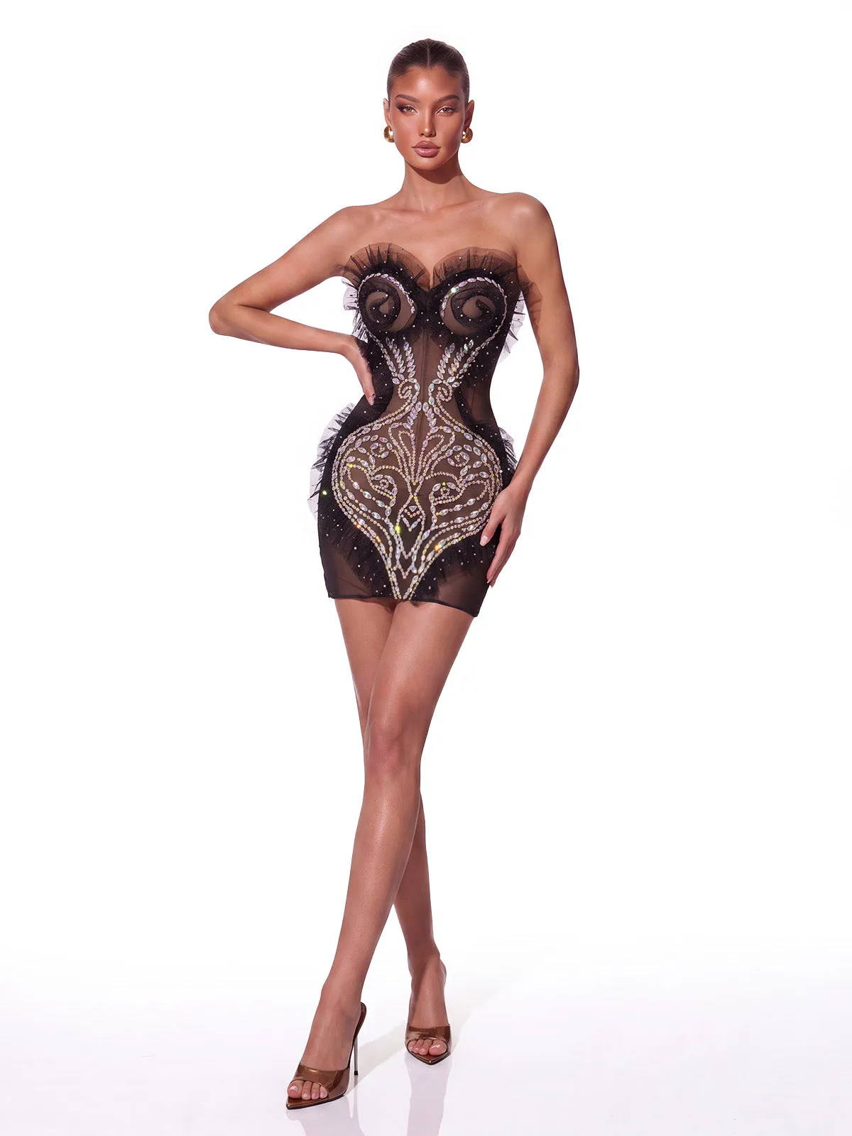 Xendril Strapless Crystal Mesh Mini Dress sold by Mew Mews product image thumbnail 2