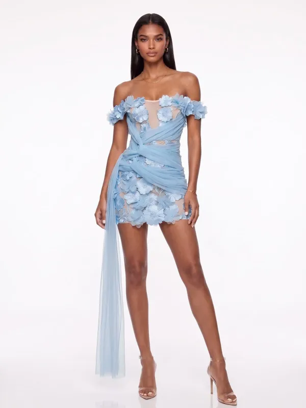 Cirexen Off Shoulder Flower Mini Dress In Sky made by Mew Mews