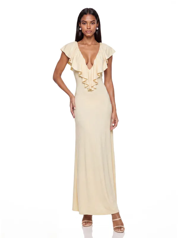 Fumi Plunge Neck Ruffle Maxi Dress made by Mew Mews