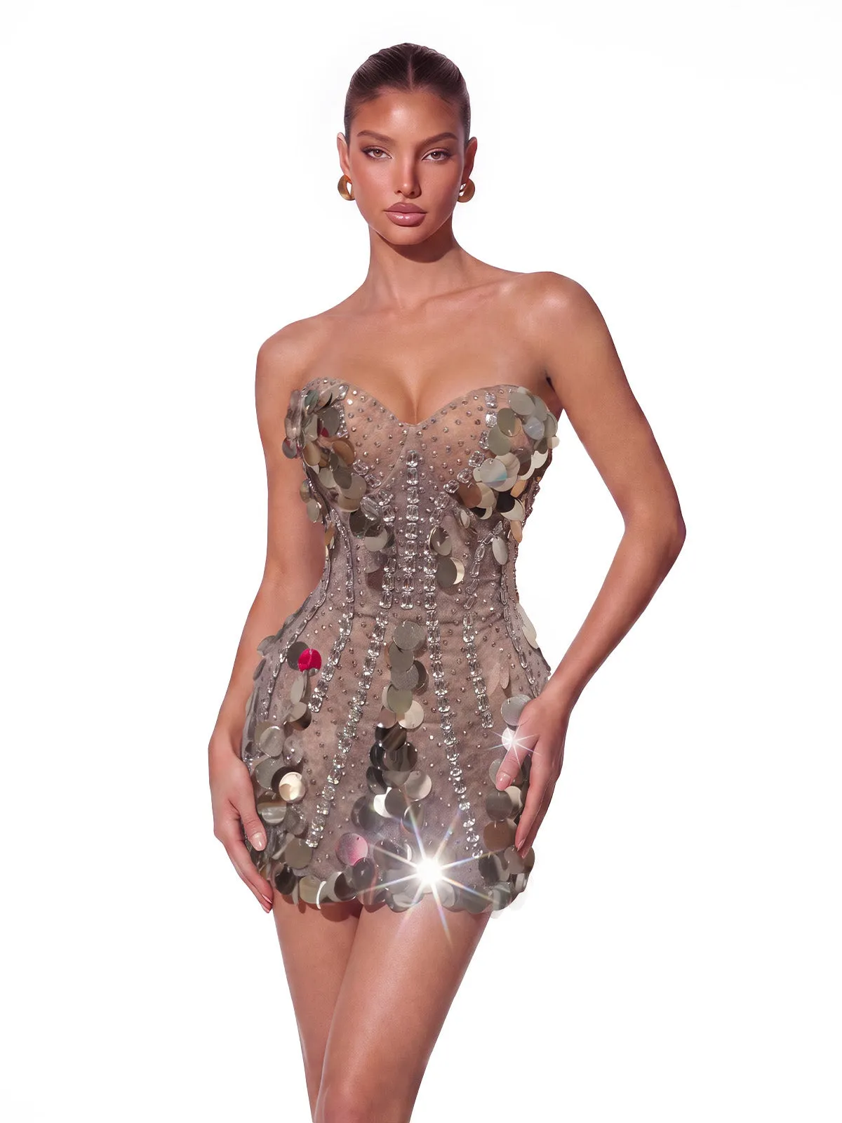 Kynoque Strapless Sequin Crystal Mini Dress sold by Mew Mews