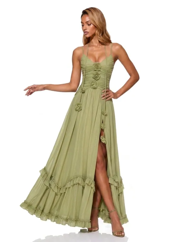 Orynthia V Neck Flower Ruched Maxi Dress made by Mew Mews