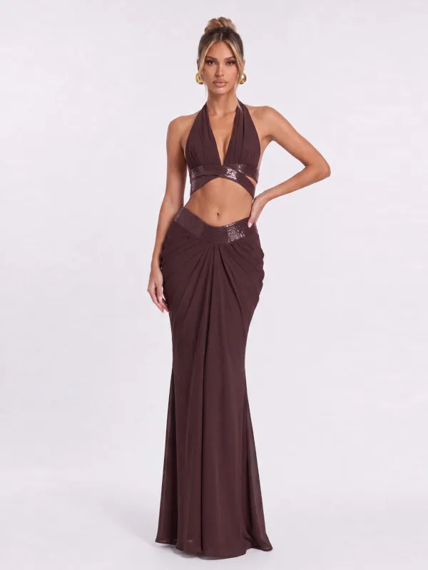 Mirek Halterneck Ruched Skirt Set In Brown made by Mew Mews