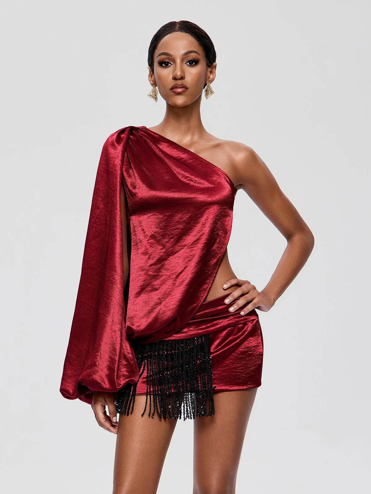 Delphor One Shoulder Fringe Mini Dress sold by Mew Mews