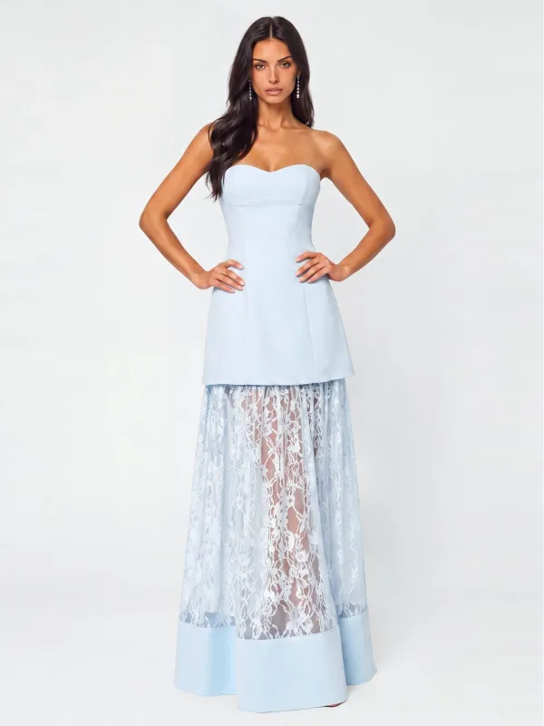 Norvelis Strapless Lace Maxi Dress In Sky made by Mew Mews