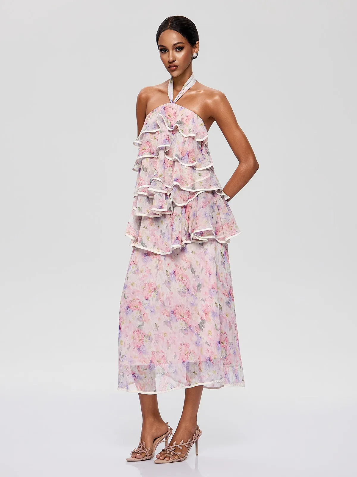 Bravonel Halterneck Tiered Floral Midi Dress sold by Mew Mews product image thumbnail 4
