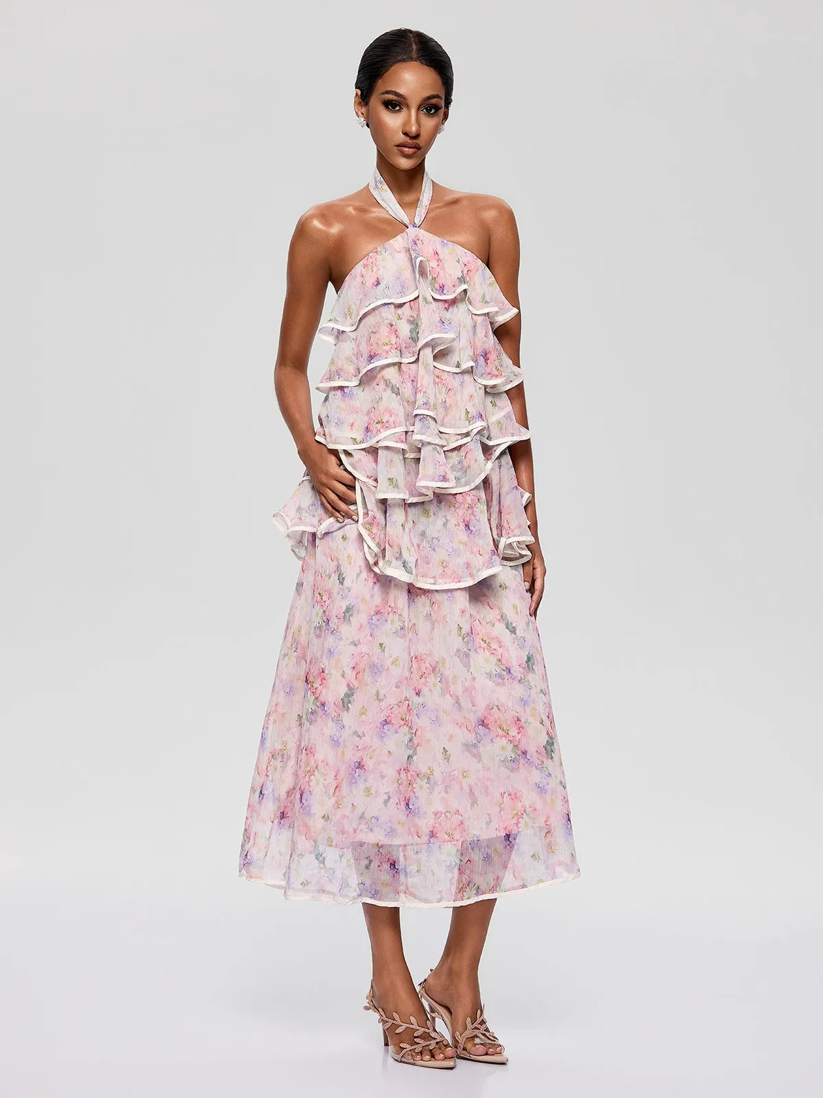 Bravonel Halterneck Tiered Floral Midi Dress sold by Mew Mews product image thumbnail 2