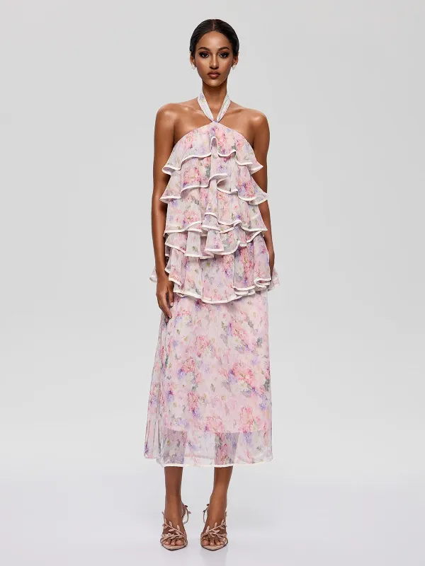 Bravonel Halterneck Tiered Floral Midi Dress made by Mew Mews