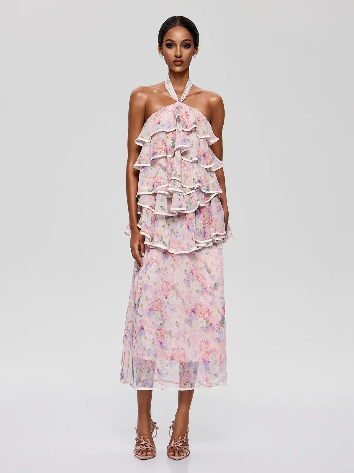 Bravonel Halterneck Tiered Floral Midi Dress sold by Mew Mews