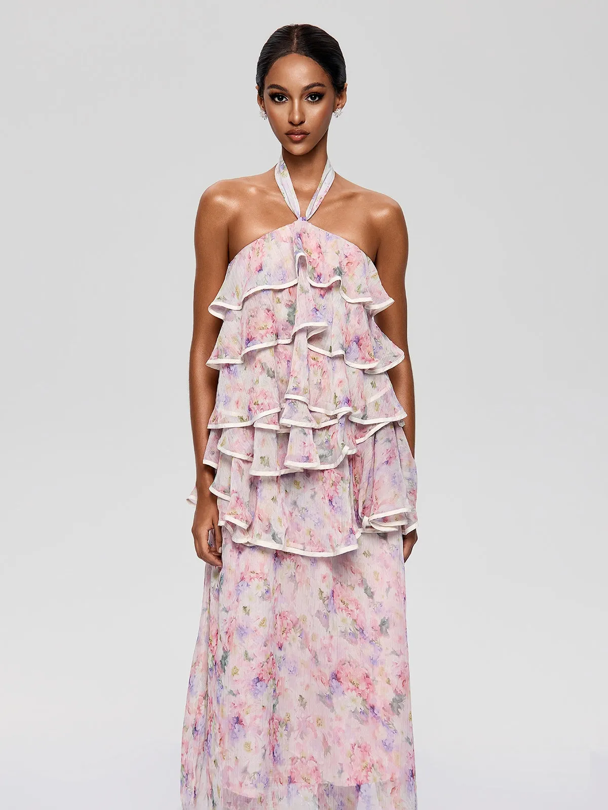 Bravonel Halterneck Tiered Floral Midi Dress sold by Mew Mews product image thumbnail 5