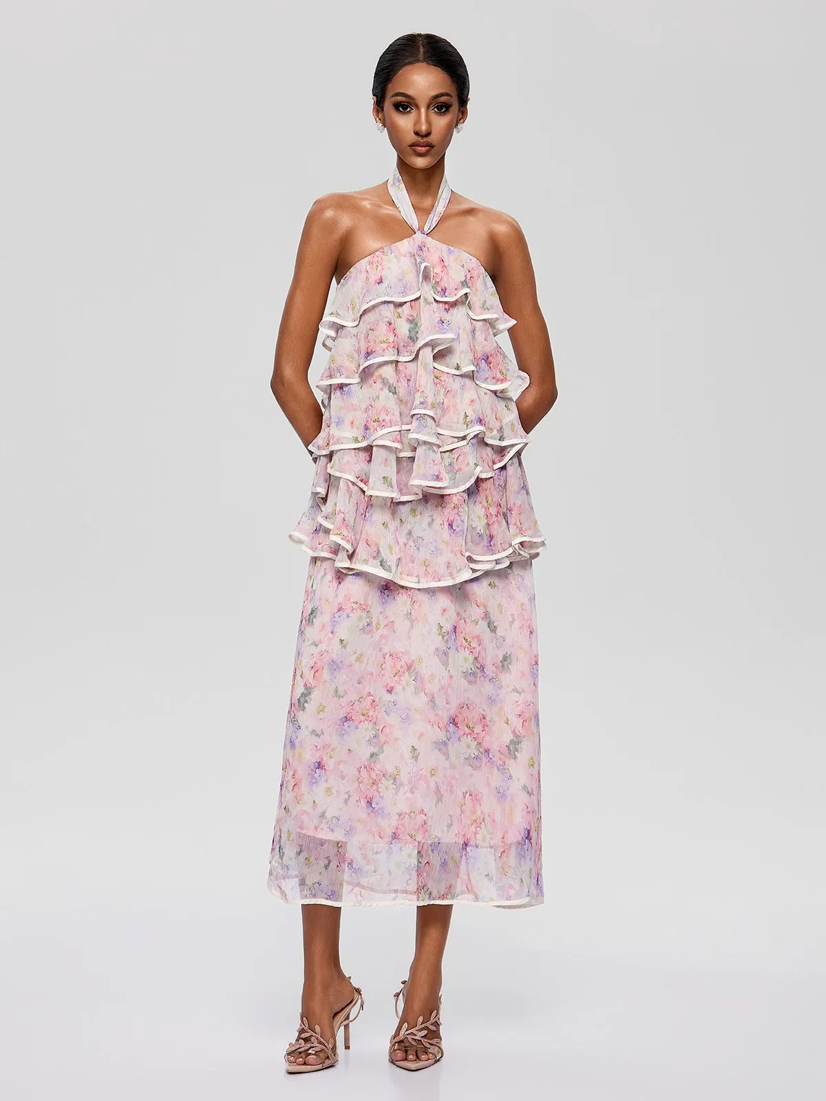 Bravonel Halterneck Tiered Floral Midi Dress sold by Mew Mews product image thumbnail 3