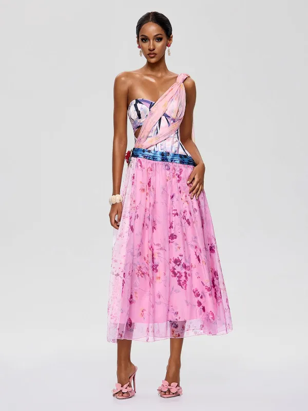 Morqen One Shoulder Floral Midi Dress made by Mew Mews
