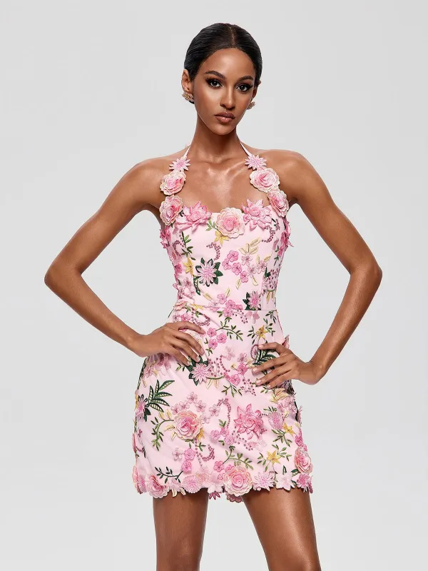 Cyrthis Halterneck Embroidered Mini Dress made by Mew Mews