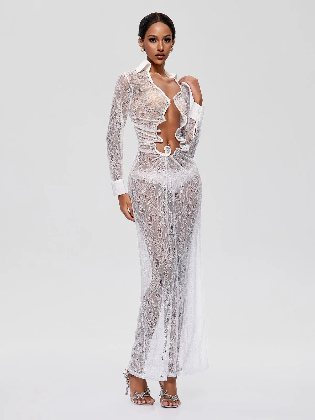 Fylorix Plunge Neck Lace Maxi Dress In White sold by Mew Mews product image thumbnail 3