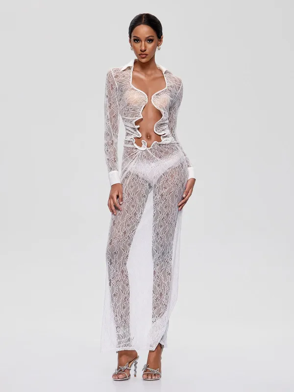 Fylorix Plunge Neck Lace Maxi Dress In White made by Mew Mews