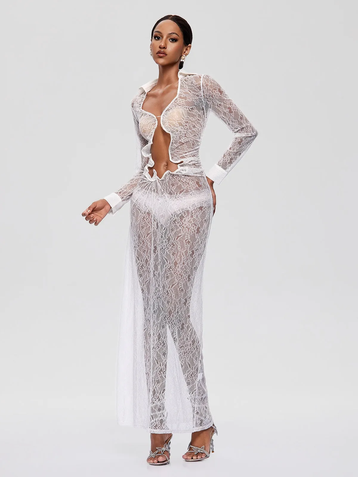 Fylorix Plunge Neck Lace Maxi Dress In White sold by Mew Mews product image thumbnail 5