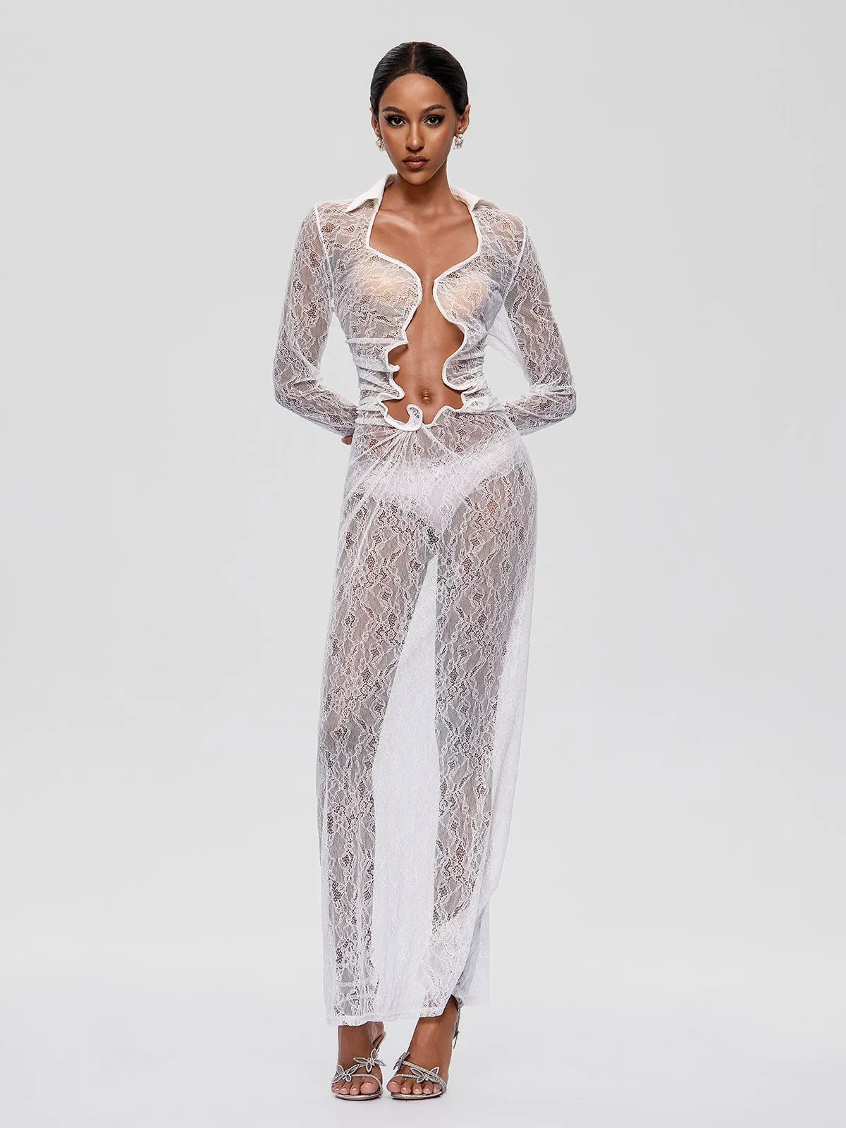 Fylorix Plunge Neck Lace Maxi Dress In White sold by Mew Mews product image thumbnail 2