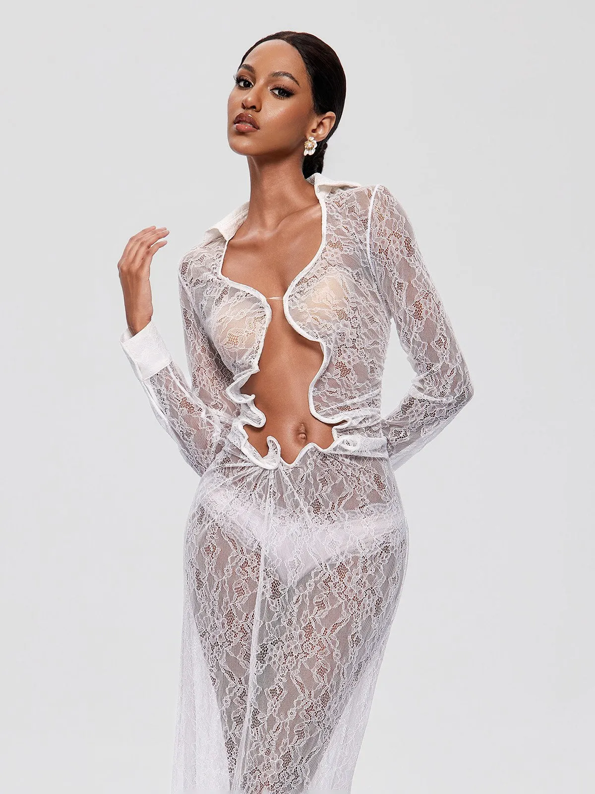 Fylorix Plunge Neck Lace Maxi Dress In White sold by Mew Mews product image thumbnail 4