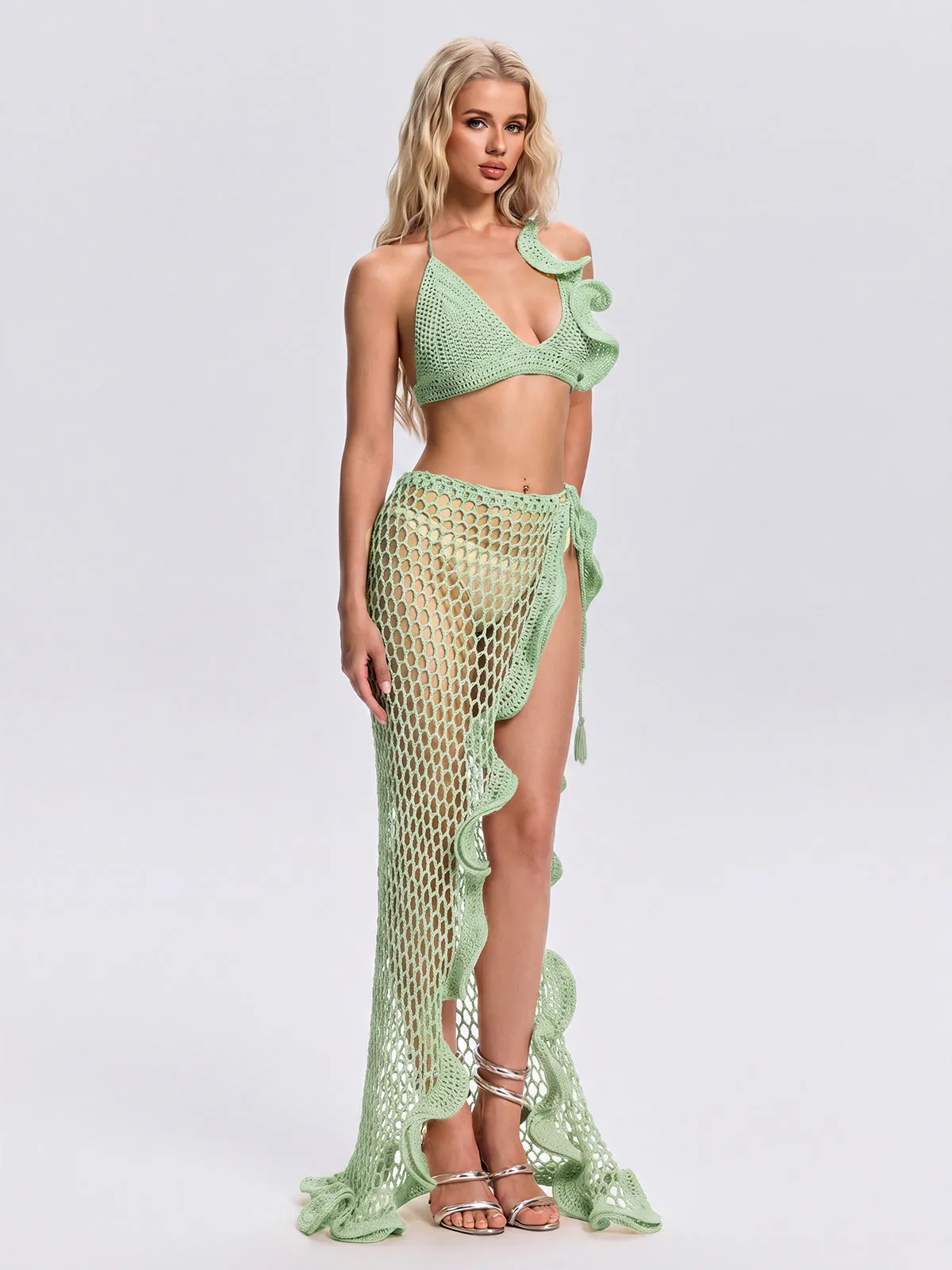 Silvionx Halterneck Crochet Ruffle Skirt Set In Mint Green sold by Mew Mews product image thumbnail 3