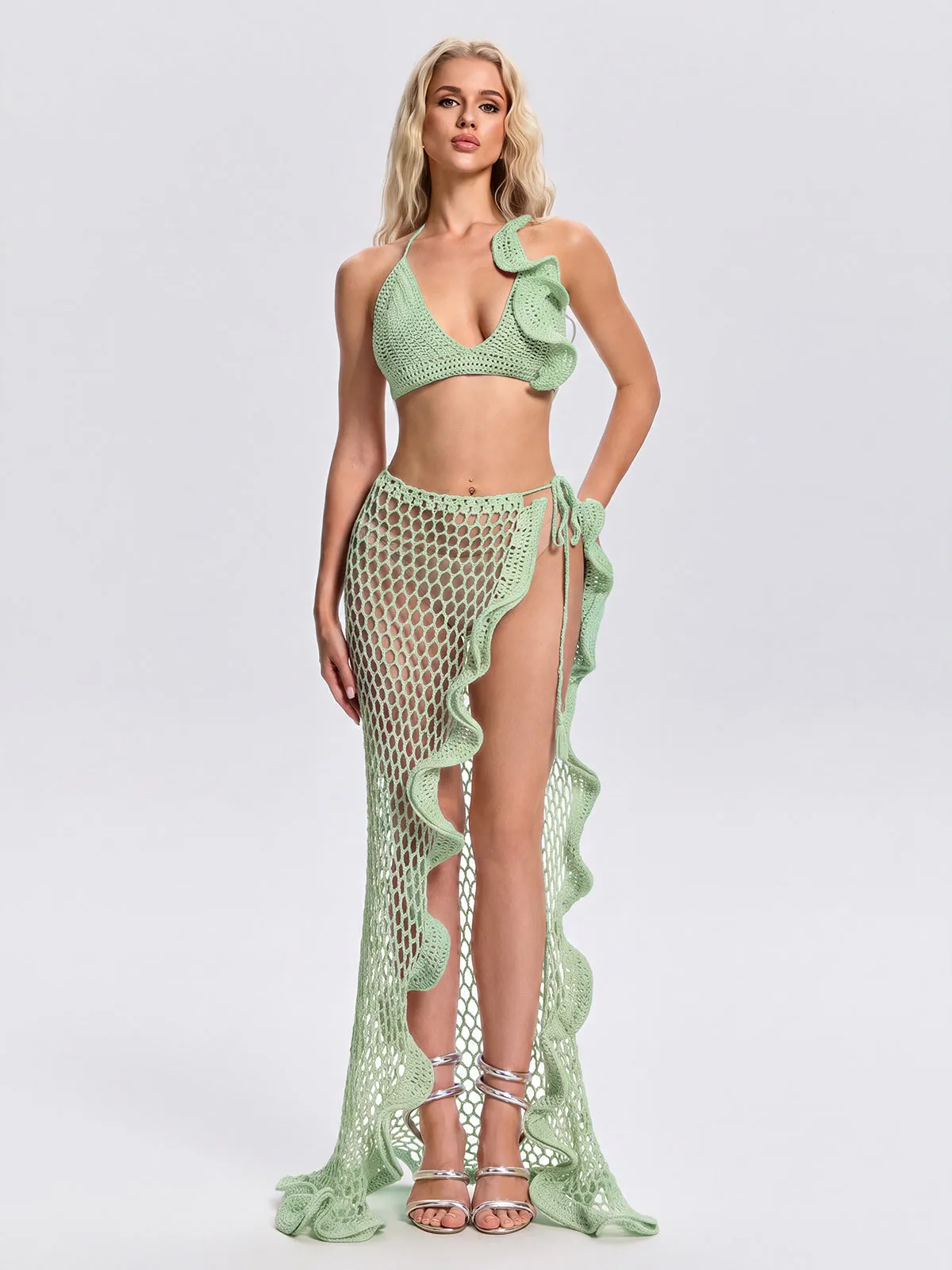 Silvionx Halterneck Crochet Ruffle Skirt Set In Mint Green sold by Mew Mews product image thumbnail 2
