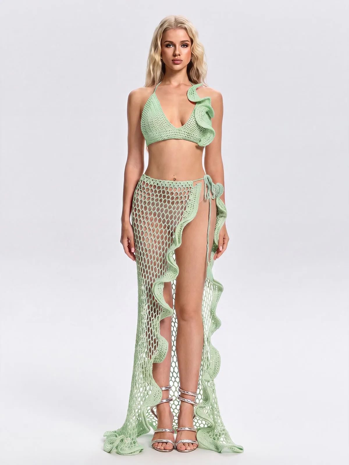 Silvionx Halterneck Crochet Ruffle Skirt Set In Mint Green sold by Mew Mews