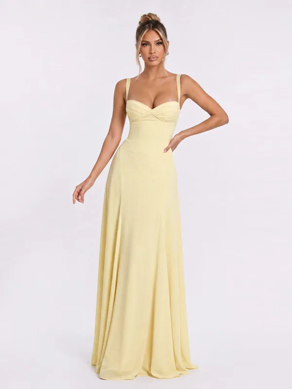 Fendralix Lace Up Flared Maxi Dress In Yellow made by Mew Mews