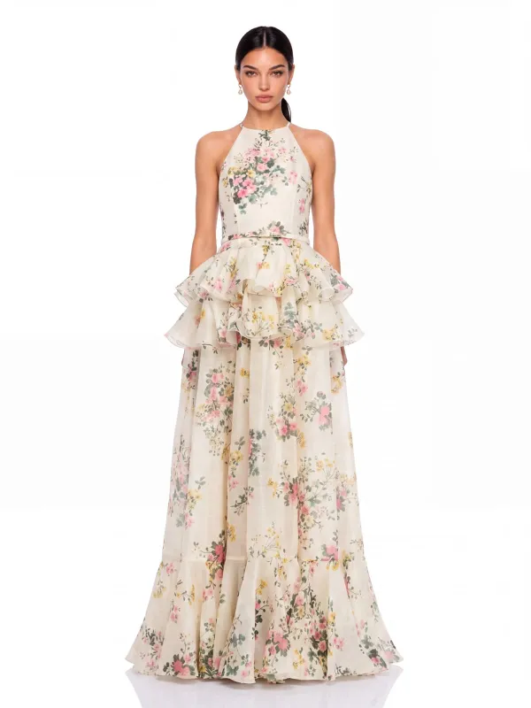 Ravelix Floral Ruffle Maxi Dress In Beige made by Mew Mews