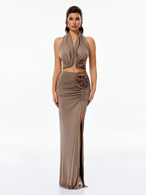 Cormyra Backless Ruched Split Skirt Set made by Mew Mews
