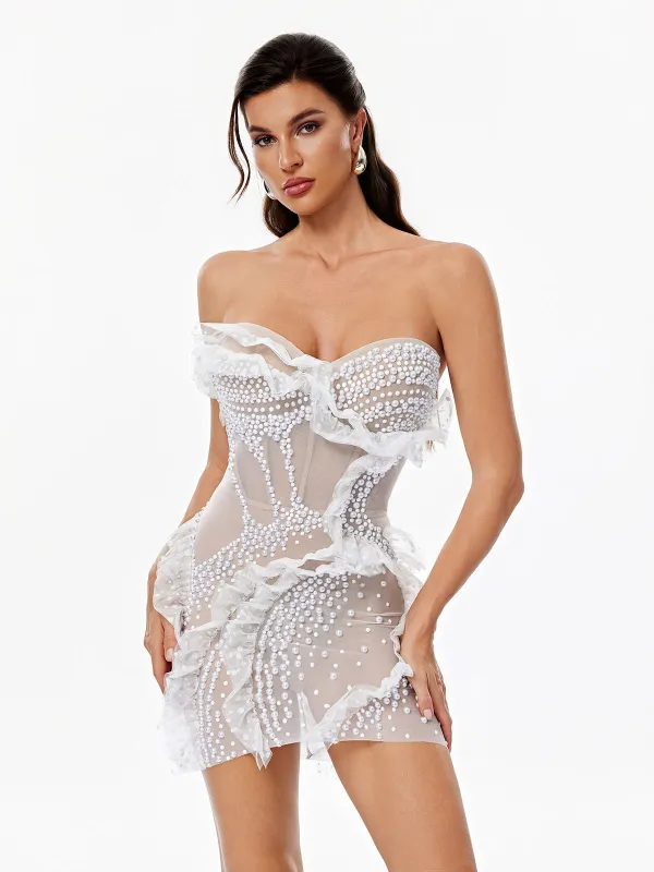 Tyrelune Strapless Pearl Mesh Mini Dress made by Mew Mews