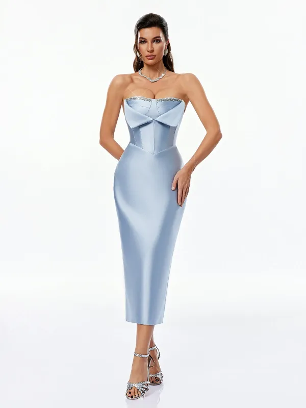 Georgina Strapless Rhinestone Midi Dress made by Mew Mews