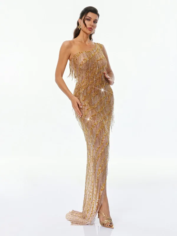 Gella One Shoulder Rhinestone Fringe Dress made by Mew Mews