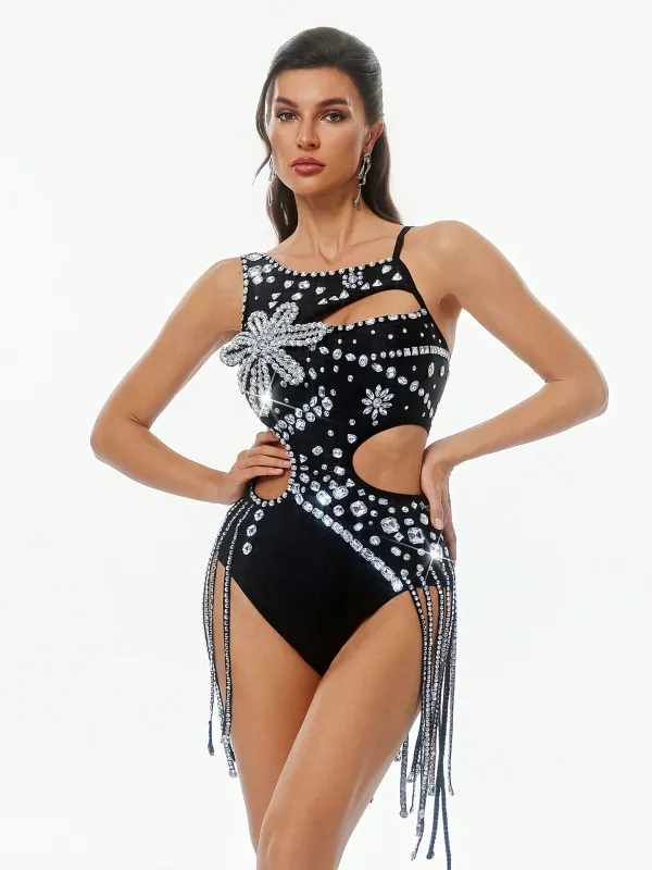 Gefion Sleeveless Cutout Crystal Fringe Bodysuit made by Mew Mews